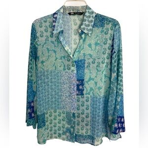 Zara Blue Green Paisley Sheer Button up blouse top size XS